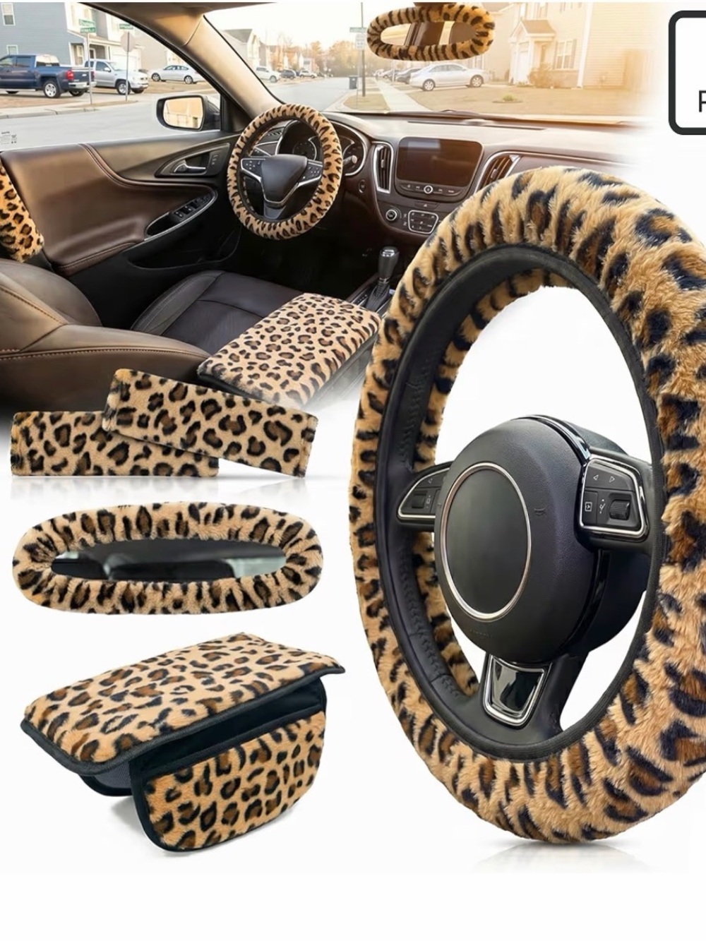 Leopard Print Plush Car Steering Wheel & Accessory Set - Tan/Black